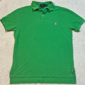 Polo Ralph Lauren Green Custom Fit Collar Polo Shirt Pink Pony Logo Mens Sz. Lg.